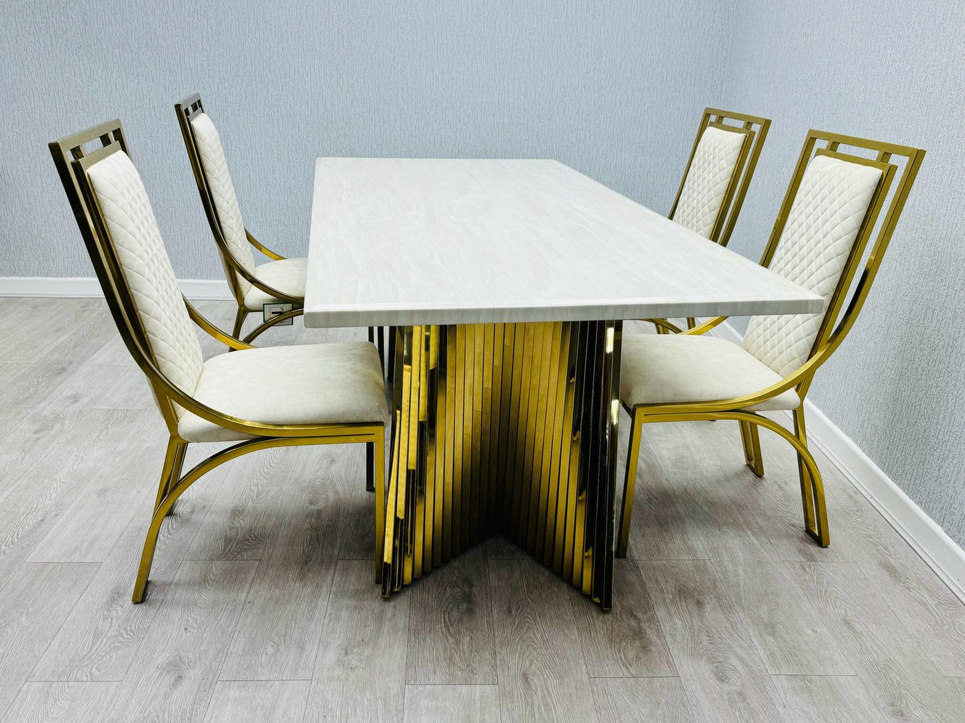 Ravello Cream & Gold Marble Dining Table With Windsor Gold Chairs