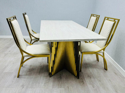 Ravello Cream & Gold Marble Dining Table With Windsor Gold Chairs