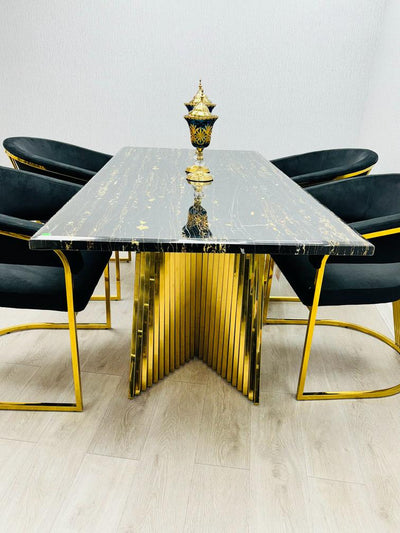 Ravello Black & Gold Marble Dining Table With Porado Gold Chairs
