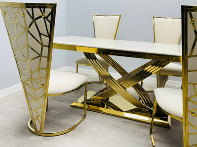 Elina 180cm Gold Dining Table With Posidon High Back Velvet Gold Chairs