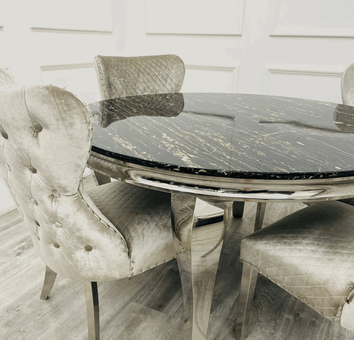 Louis 130cm Round Black Marble Chrome Dining Table And Valente Shimmer Lion Dining Chairs