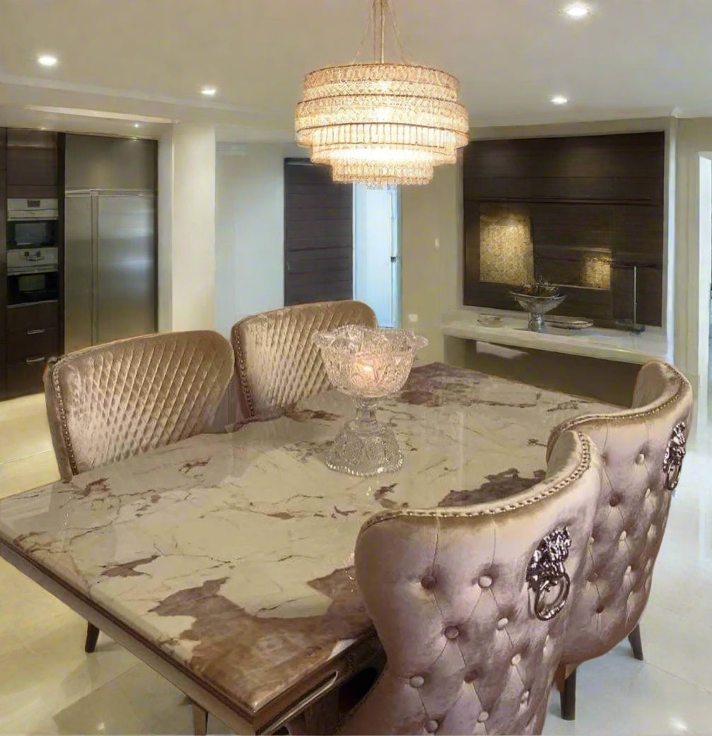 Arianna Pandora Marble & Chrome Dining Table With Valente Lion Knocker Chairs
