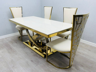 Elina 180cm Gold Dining Table With Posidon High Back Velvet Gold Chairs