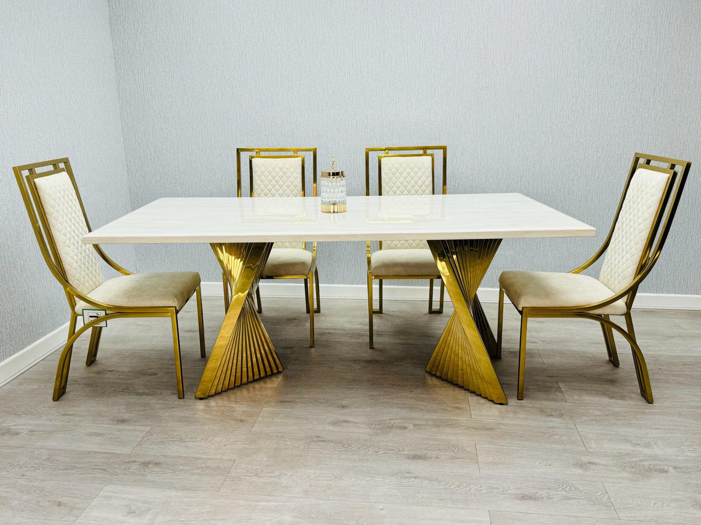 Ravello Cream & Gold Marble Dining Table With Windsor Gold Chairs