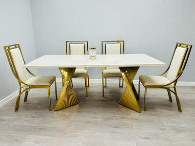 Ravello Cream & Gold Marble Dining Table With Windsor Gold Chairs