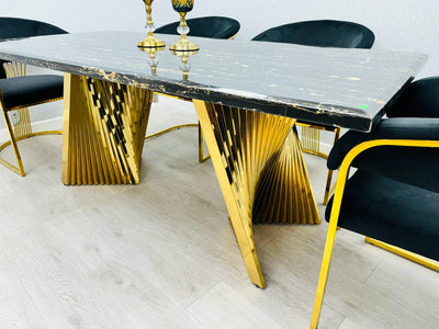 Ravello Black & Gold Marble Dining Table With Porado Gold Chairs
