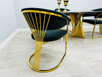 Ravello Black & Gold Marble Dining Table With Porado Gold Chairs
