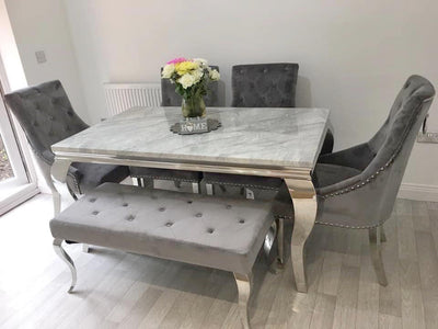 Louis 150cm Grey Marble Dining Table + 4 Grey Ring Knocker Chairs + 110cm Bench - Belmont Interiors