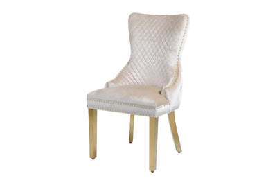 Louis Gold & White Marble Dining Table With Cream & Gold Lion Knocker Button Back Dining Chairs