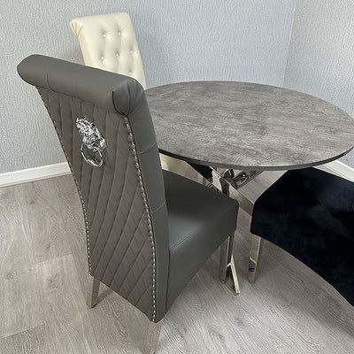Lucy PU Lion Knocker Quilted Emma Slim Grey Leather Dining Chair Chrome Legs - Belmont Interiors