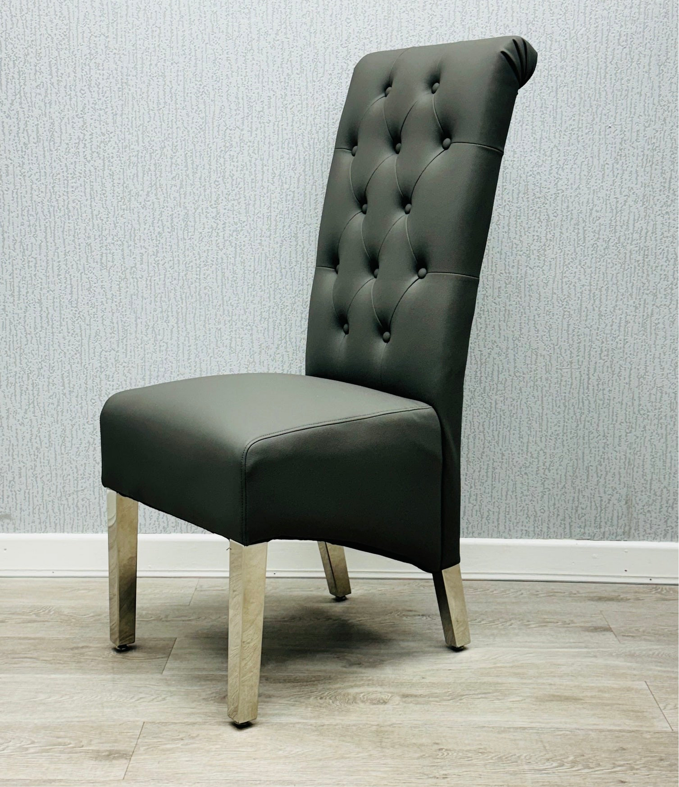 Lucy PU Lion Knocker Quilted Emma Slim Grey Leather Dining Chair Chrome Legs - Belmont Interiors