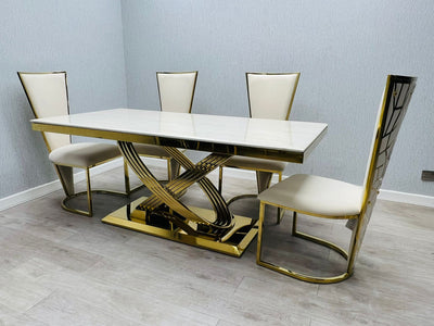 Elina 180cm Gold Dining Table With Posidon High Back Velvet Gold Chairs