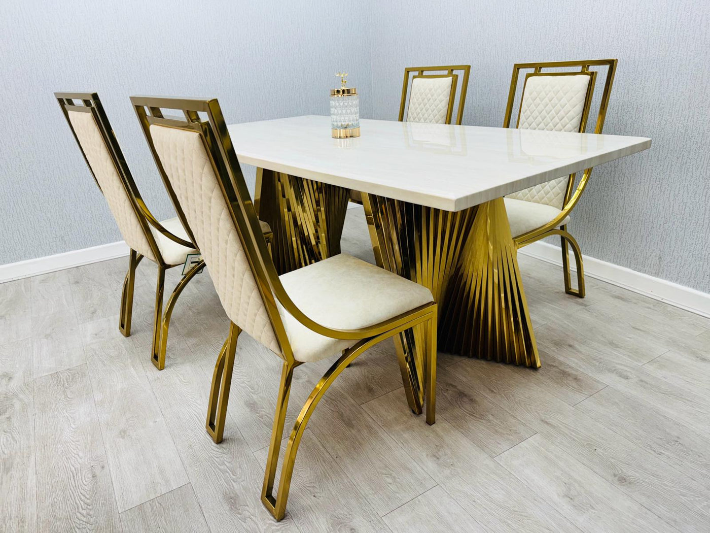Ravello Cream & Gold Marble Dining Table With Windsor Gold Chairs