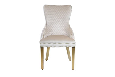Louis Gold & White Marble Dining Table With Cream & Gold Lion Knocker Button Back Dining Chairs