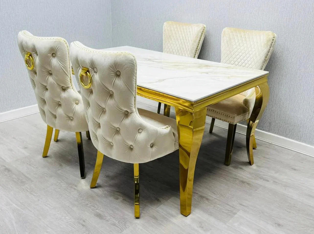 Louis Marble & Gold Dining Table With Victoria Gold Ring Knocker Velvet Chairs