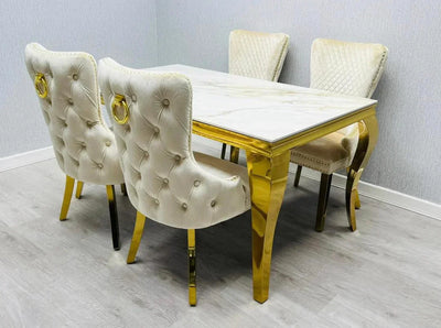 Louis Marble & Gold Dining Table With Victoria Gold Ring Knocker Velvet Chairs