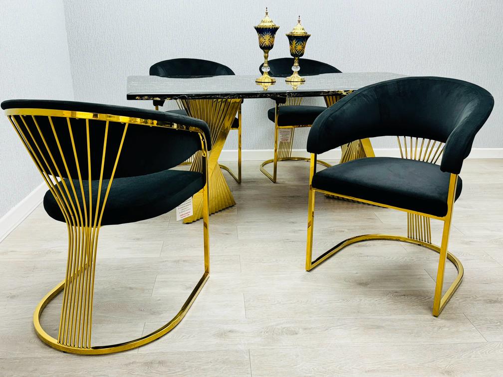 Ravello Black & Gold Marble Dining Table With Porado Gold Chairs