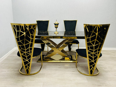 Elina 180cm Gold Dining Table With Posidon High Back Velvet Gold Chairs