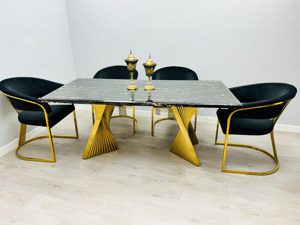 Ravello Black & Gold Marble Dining Table With Porado Gold Chairs