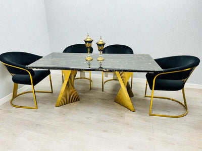 Ravello Black & Gold Marble Dining Table With Porado Gold Chairs