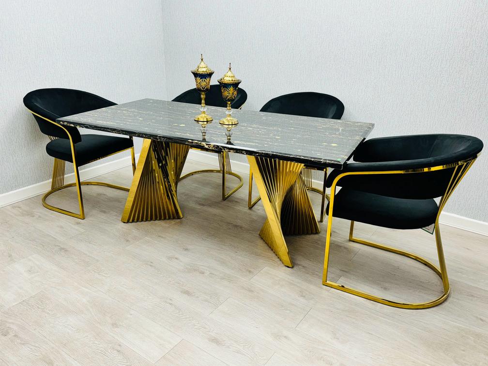 Ravello Black & Gold Marble Dining Table With Porado Gold Chairs