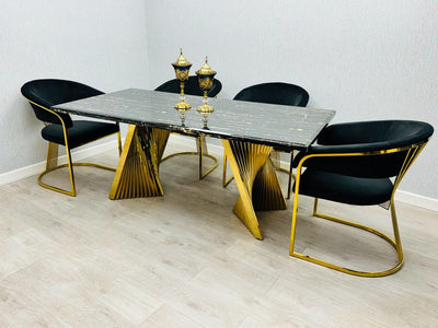 Ravello Black & Gold Marble Dining Table With Porado Gold Chairs