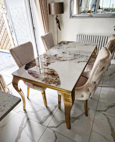 Louis Gold Marble Dining Table With Shimmer Cream Gold Lion Knocker Dining Chairs