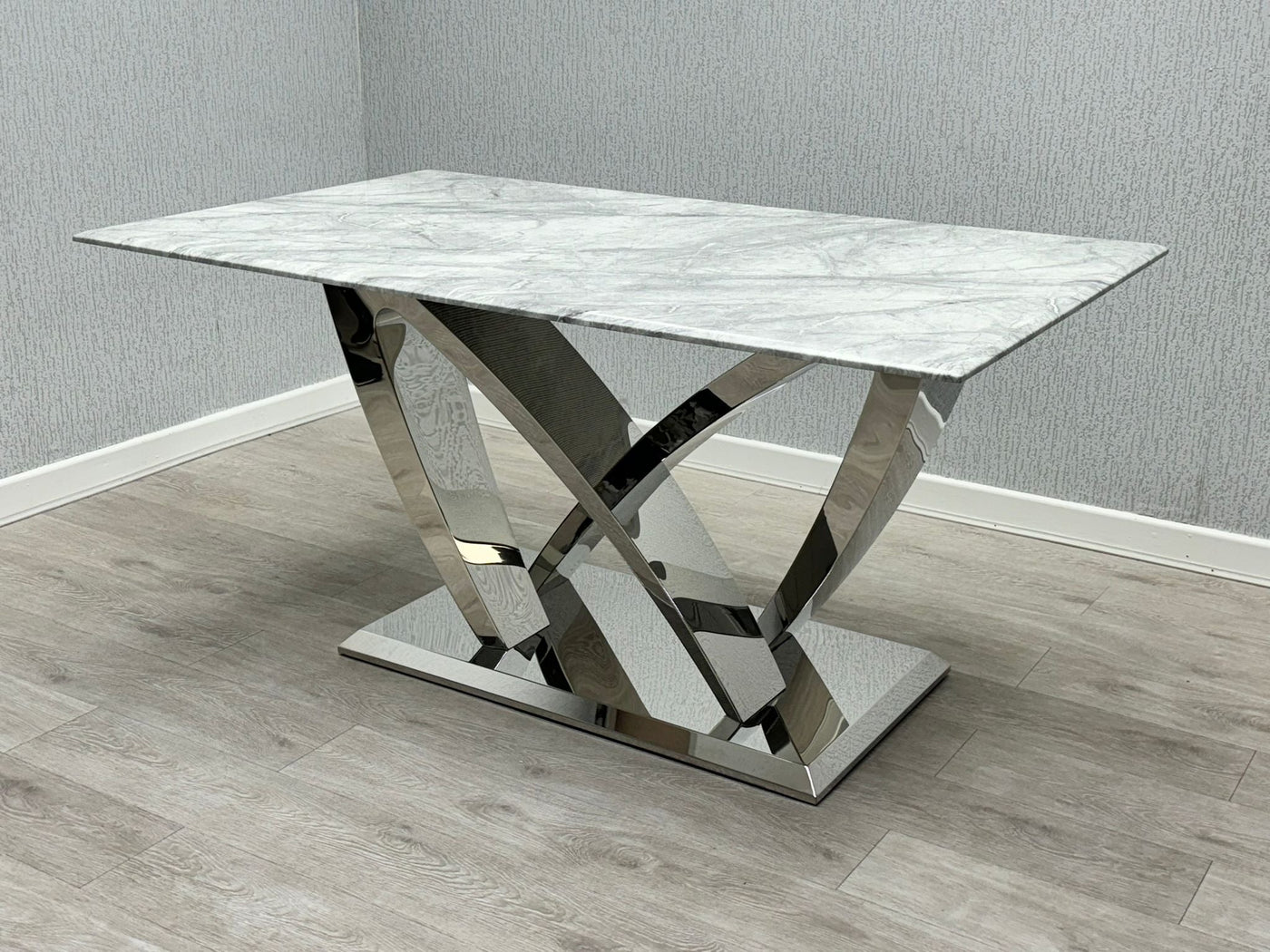 Aria 180cm Grey Marble & Chrome Dining Table With Majestic PU Leather Lion Knocker Dining Chairs