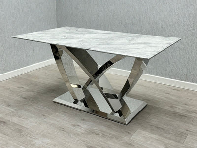 Aria 180cm Grey Marble & Chrome Dining Table With Majestic PU Leather Lion Knocker Dining Chairs