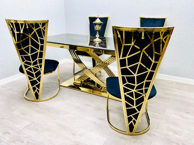 Elina 180cm Gold Dining Table With Posidon High Back Velvet Gold Chairs