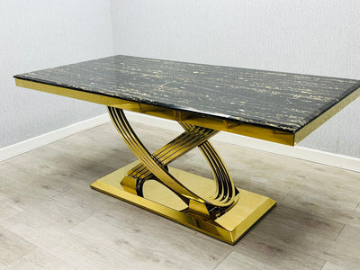 Elina 180cm Gold Dining Table With Posidon High Back Velvet Gold Chairs