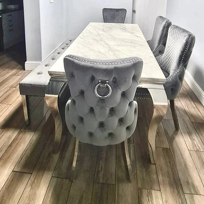 Louis Marble 160CM Dining Table + Victoria Grey Ring Chairs, Bench Option - Belmont Interiors