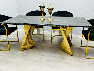 Ravello Black & Gold Marble Dining Table With Porado Gold Chairs