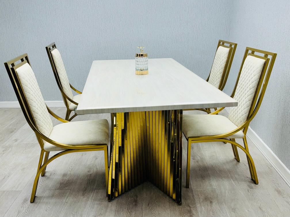 Ravello Cream & Gold Marble Dining Table With Windsor Gold Chairs