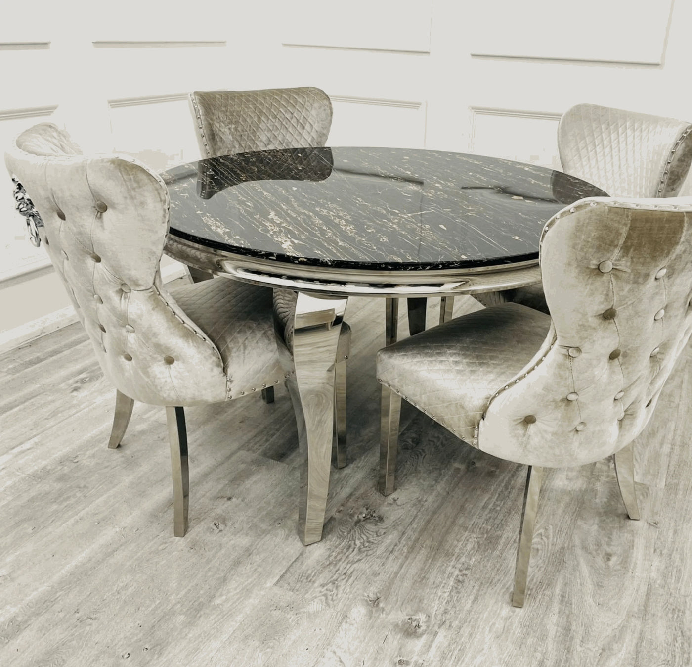 Louis 130cm Round Black Marble Chrome Dining Table And Valente Shimmer Lion Dining Chairs