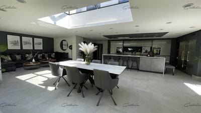 Phoenix 160-240cm White Ceramic Marble Extending Table + Grey Velvet Swivel Dining Chairs-Esme Furnishings