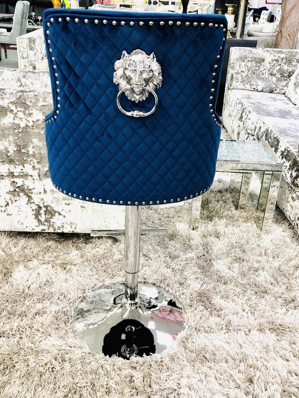 Majestic Blue Brushed Velvet Bar Stool With Lion Knocker - Belmont Interiors
