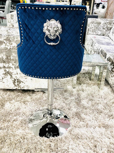 Majestic Blue Brushed Velvet Bar Stool With Lion Knocker - Belmont Interiors