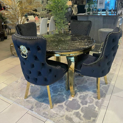 Louis Gold Round Black Marble 110cm Dining Table + Black Gold Lion Knocker Velvet Dining Chairs