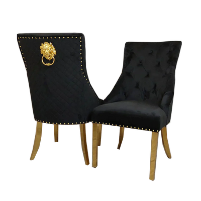 Louis Black/Gold Marble Dining Table With Gold Lion Knocker Velvet Chairs - Belmont Interiors