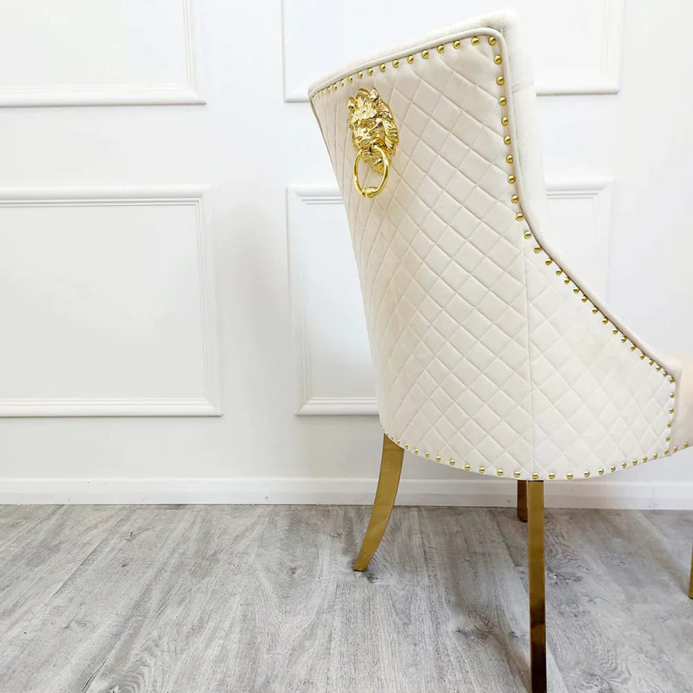 Louis Black/Gold Marble Dining Table With Gold Lion Knocker Velvet Chairs - Belmont Interiors
