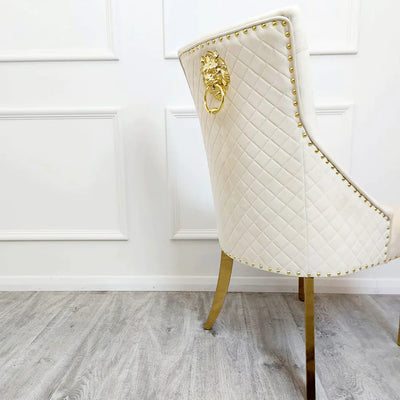 Louis Black/Gold Marble Dining Table With Gold Lion Knocker Velvet Chairs - Belmont Interiors