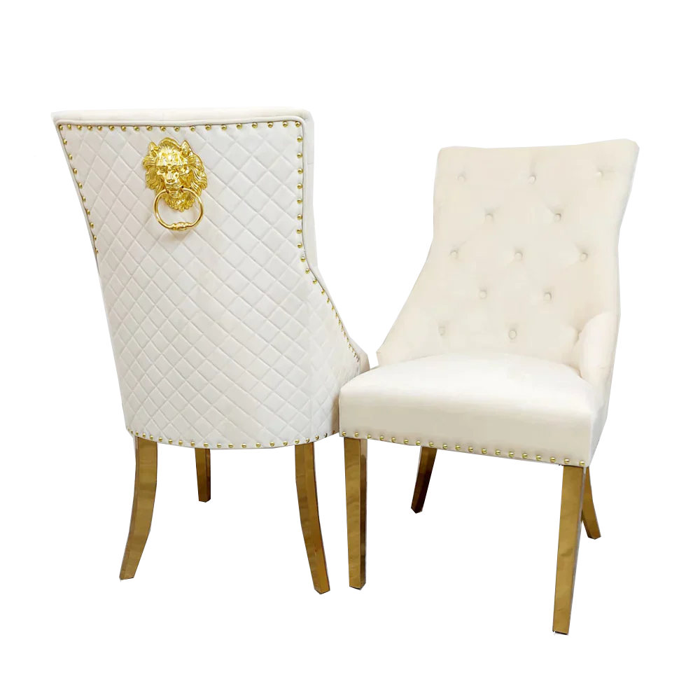 Louis Black/Gold Marble Dining Table With Gold Lion Knocker Velvet Chairs - Belmont Interiors