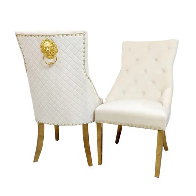 Louis Black/Gold Marble Dining Table With Gold Lion Knocker Velvet Chairs - Belmont Interiors