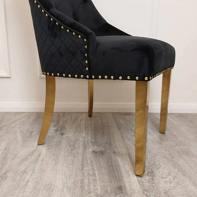 Louis Black/Gold Marble Dining Table With Gold Lion Knocker Velvet Chairs - Belmont Interiors