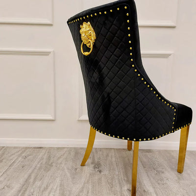 Louis Black/Gold Marble Dining Table With Gold Lion Knocker Velvet Chairs - Belmont Interiors