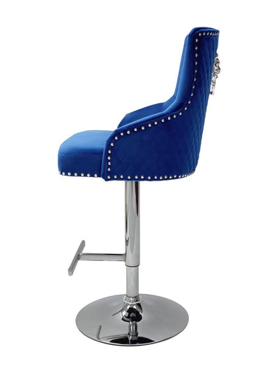 Majestic Blue Brushed Velvet Bar Stool With Lion Knocker - Belmont Interiors