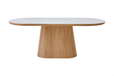 Blanco 200cm Oval Beech & White Ceramic Sintered Marble Dining Table - Belmont Interiors