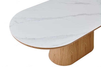 Blanco 200cm Oval Beech & White Ceramic Sintered Marble Dining Table - Belmont Interiors