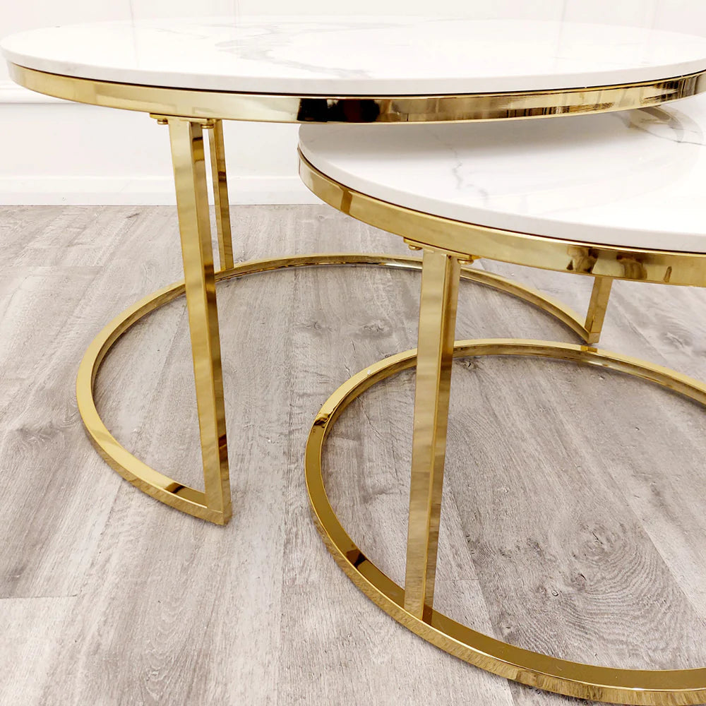 Cato Nest of 2 Short Round Coffee Gold Tables with Polar White Sintered Stone Tops - Belmont Interiors